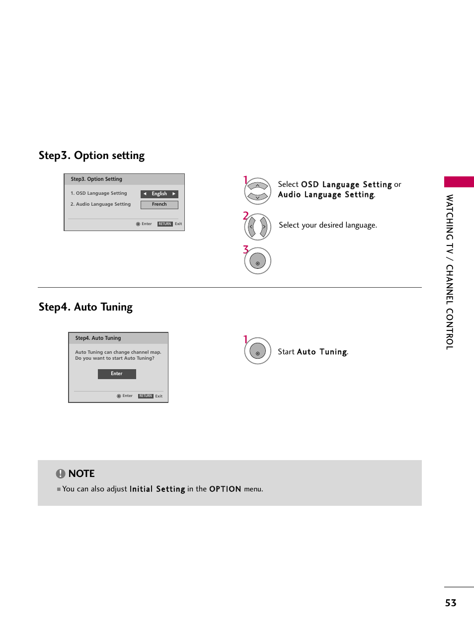 Step3. option setting step4. auto tuning, Watching tv / channel contr ol | LG 3230 User Manual | Page 55 / 152