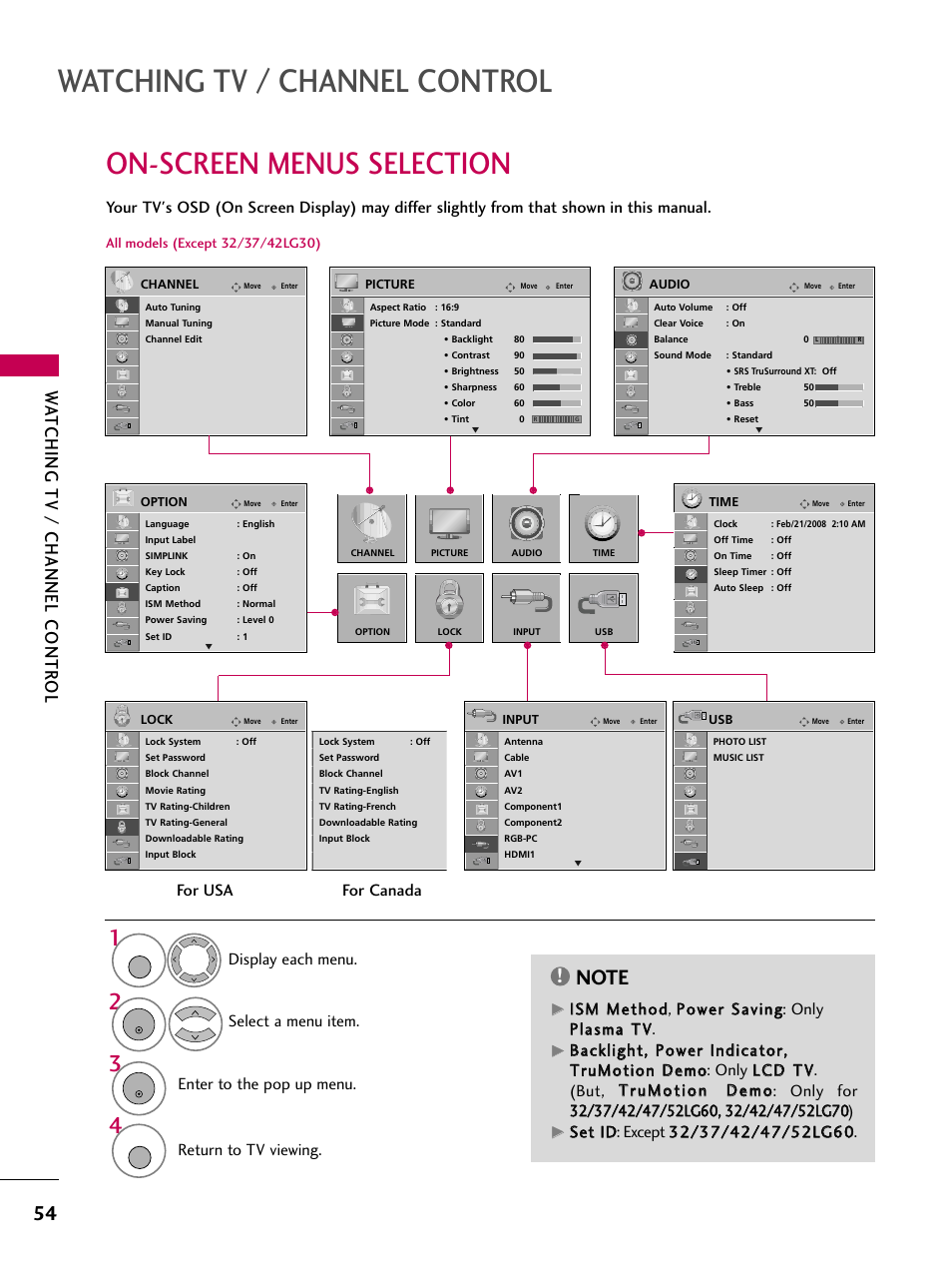 On-screen menus selection, Watching tv / channel control, Watching tv / channel contr ol | Return to tv viewing, For usa for canada | LG 3230 User Manual | Page 56 / 152
