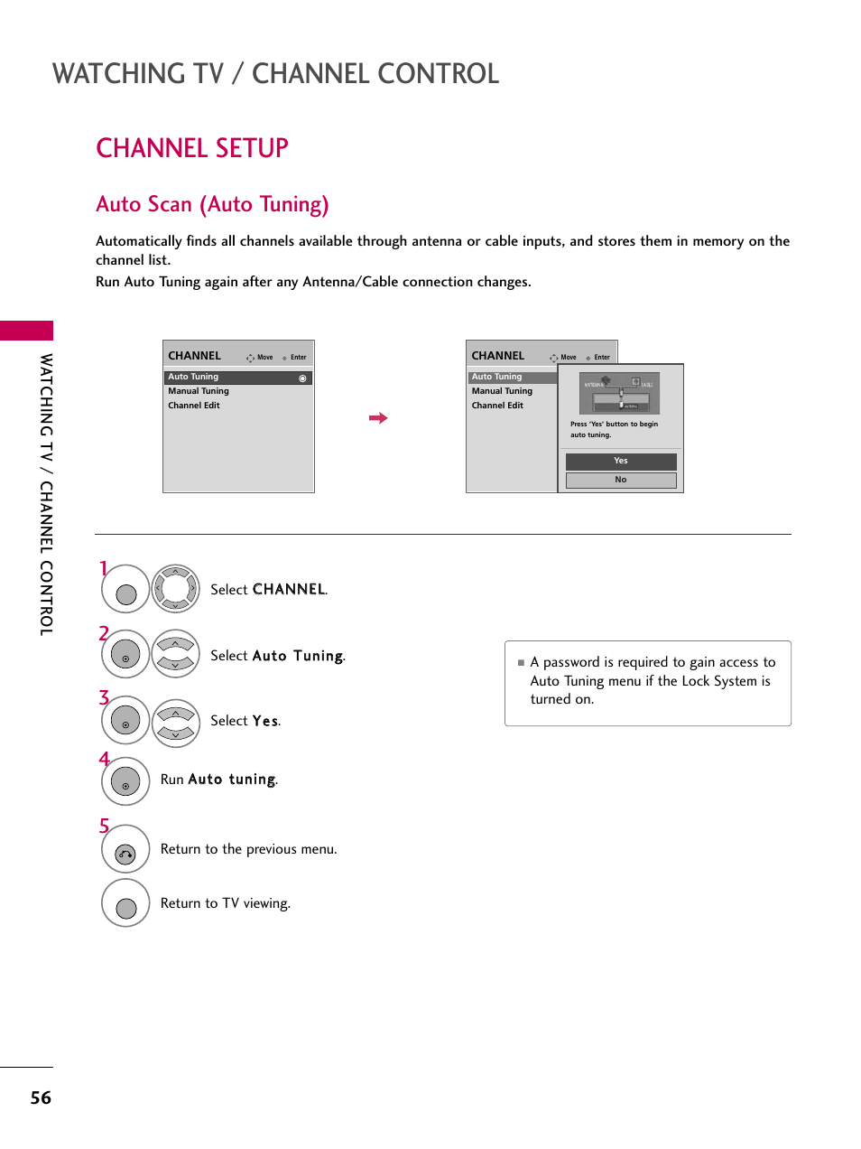 Channel setup, Auto scan (auto tuning), Watching tv / channel control | Watching tv / channel contr ol | LG 3230 User Manual | Page 58 / 152