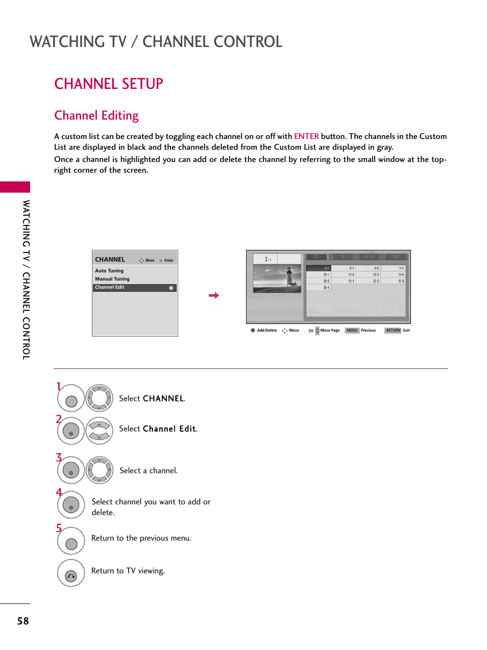 Channel editing, Watching tv / channel control, Channel setup | Watching tv / channel contr ol | LG 3230 User Manual | Page 60 / 152