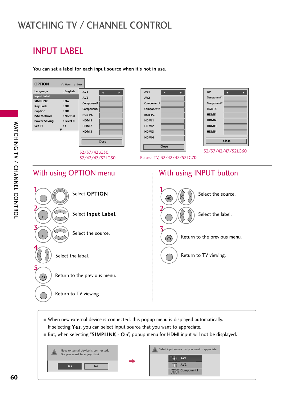 Input label, Watching tv / channel control, With using option menu | With using input button, Watching tv / channel contr ol, Select the source, Return to the previous menu, Return to tv viewing, Select the source. select the label | LG 3230 User Manual | Page 62 / 152