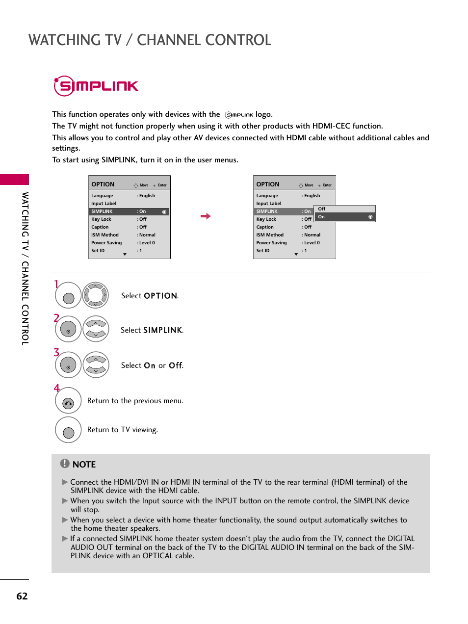 Simplink, Watching tv / channel control, Watching tv / channel contr ol | LG 3230 User Manual | Page 64 / 152