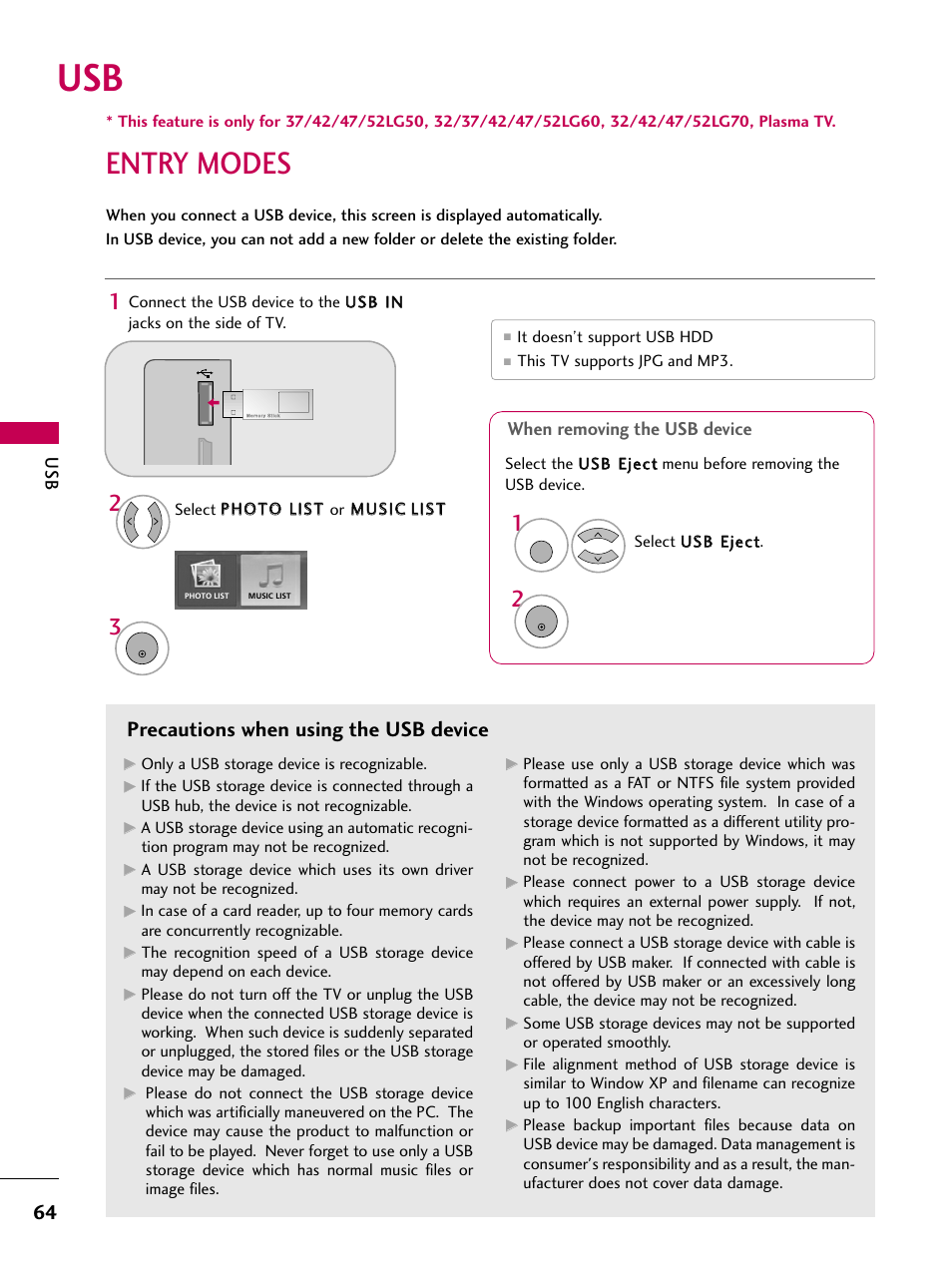 Entry modes, Precautions when using the usb device, When removing the usb device | LG 3230 User Manual | Page 66 / 152