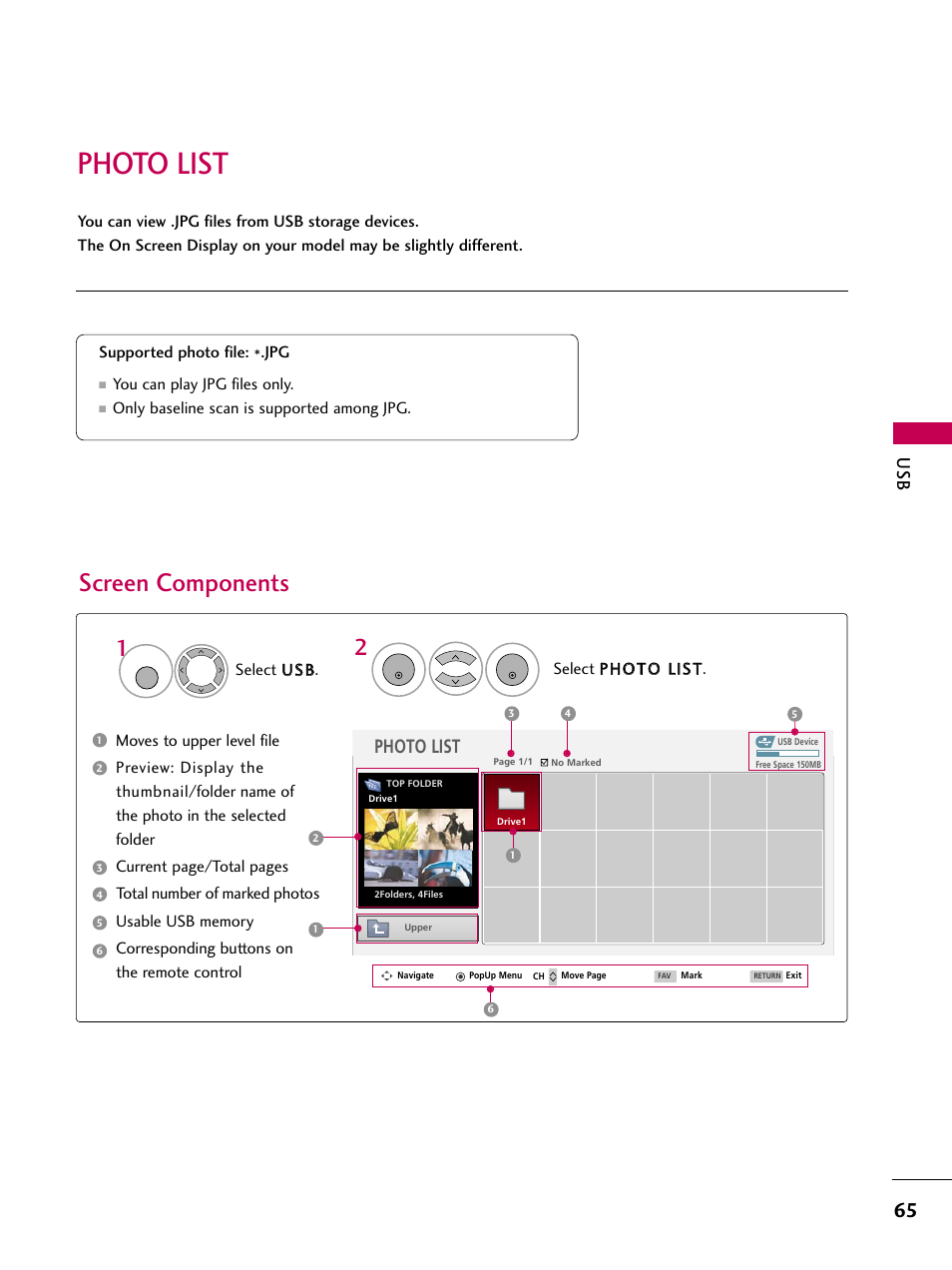 Photo list, Screen components | LG 3230 User Manual | Page 67 / 152