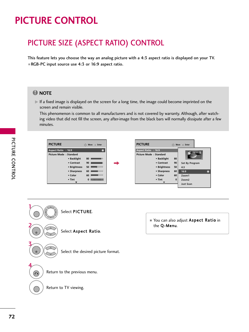 Picture control, Picture size (aspect ratio) control, Picture contr ol | LG 3230 User Manual | Page 74 / 152