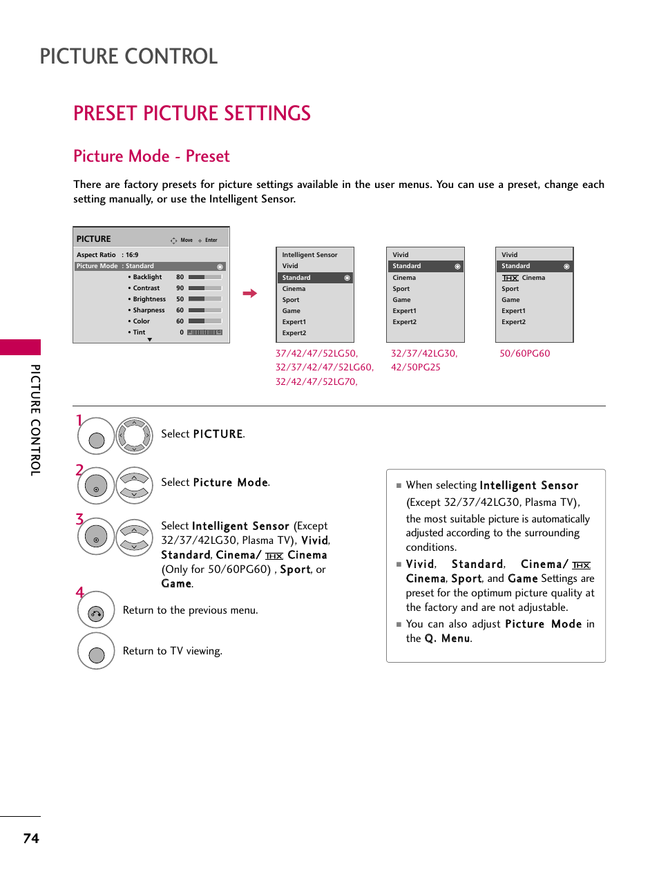 Preset picture settings, Picture mode - preset, Picture control | Picture contr ol | LG 3230 User Manual | Page 76 / 152