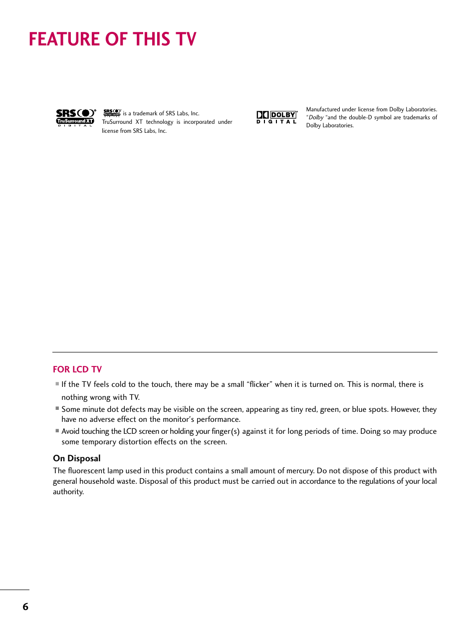 Feature of this tv, For lcd tv, On disposal | LG 3230 User Manual | Page 8 / 152