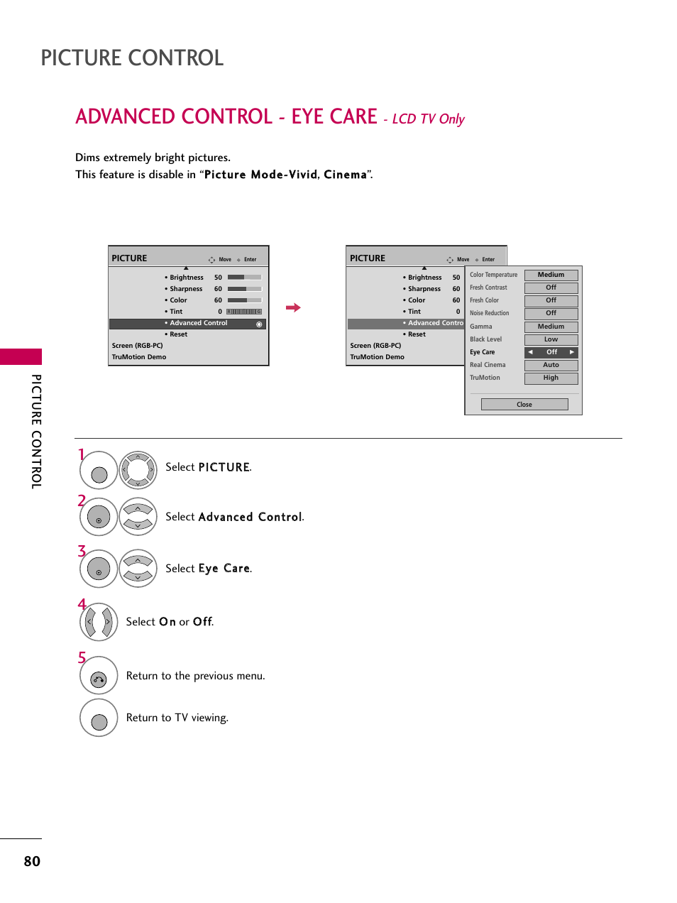 Advanced control - eye care - lcd tv only, Picture control, Advanced control - eye care | Lcd tv only, Picture contr ol, Select o o nn or o o ff ff, Return to the previous menu, Return to tv viewing | LG 3230 User Manual | Page 82 / 152