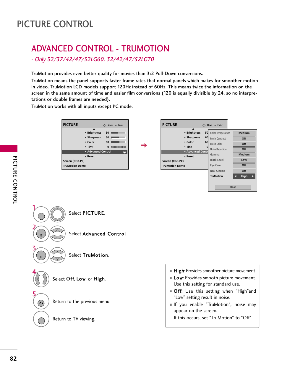 Picture control, Advanced control - trumotion, Picture contr ol | Hhiigghh: provides smoother picture movement, Return to the previous menu, Return to tv viewing | LG 3230 User Manual | Page 84 / 152