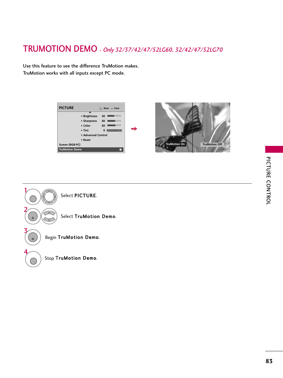Trumotion demo, Picture contr ol | LG 3230 User Manual | Page 85 / 152