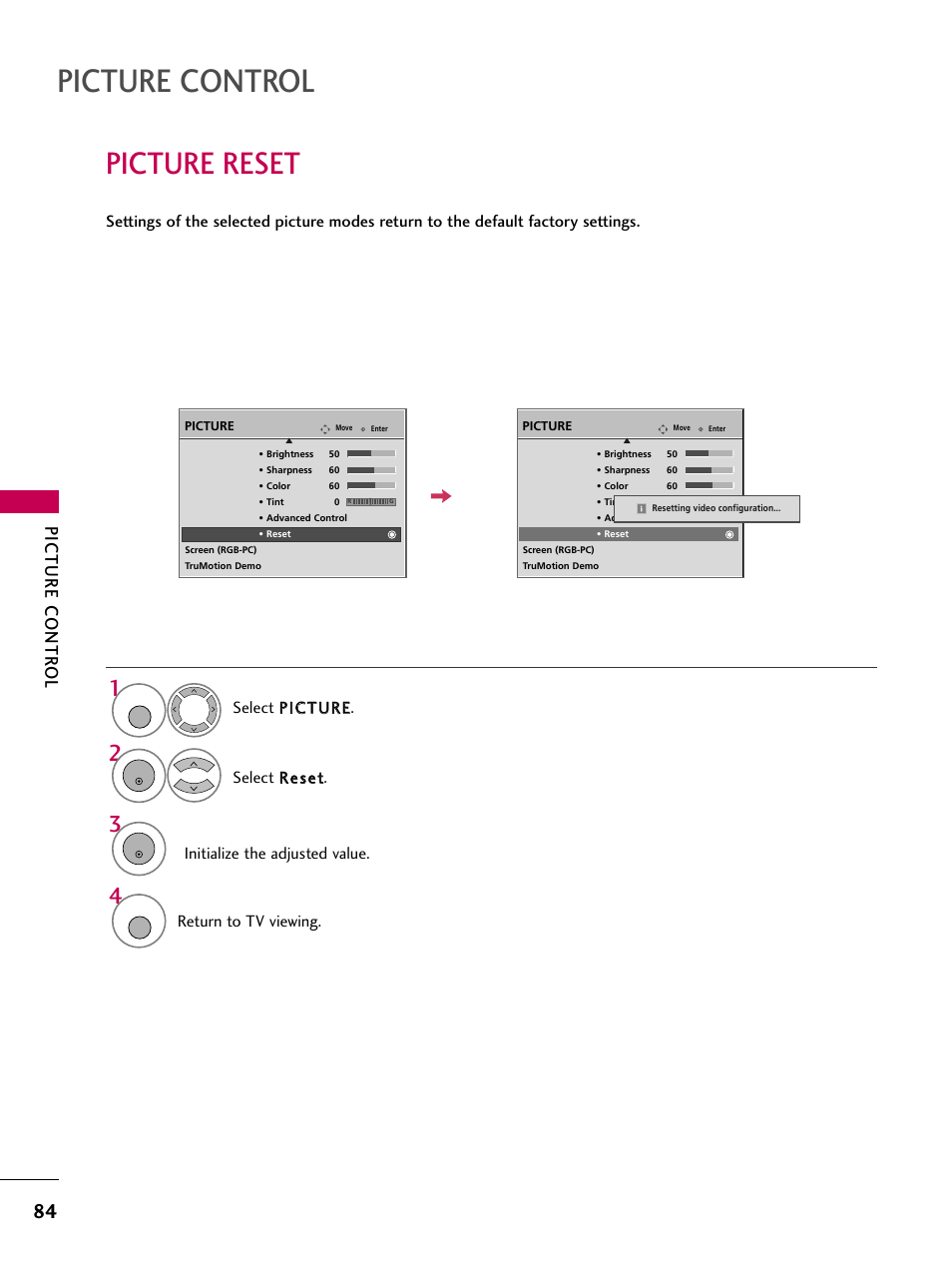 Picture reset, Picture control, Picture contr ol | Return to tv viewing | LG 3230 User Manual | Page 86 / 152