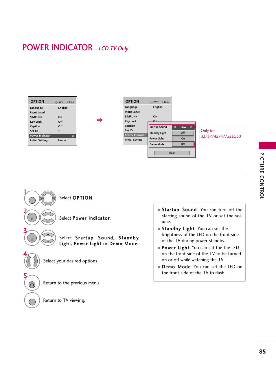 Power indicator - lcd tv only, Power indicator, Lcd tv only | Picture contr ol | LG 3230 User Manual | Page 87 / 152
