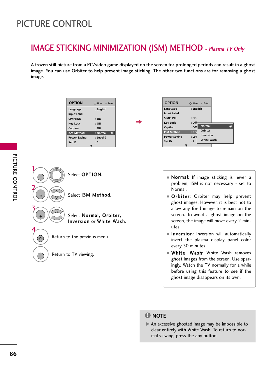 Picture control, Image sticking minimization (ism) method, Plasma tv only | Picture contr ol | LG 3230 User Manual | Page 88 / 152