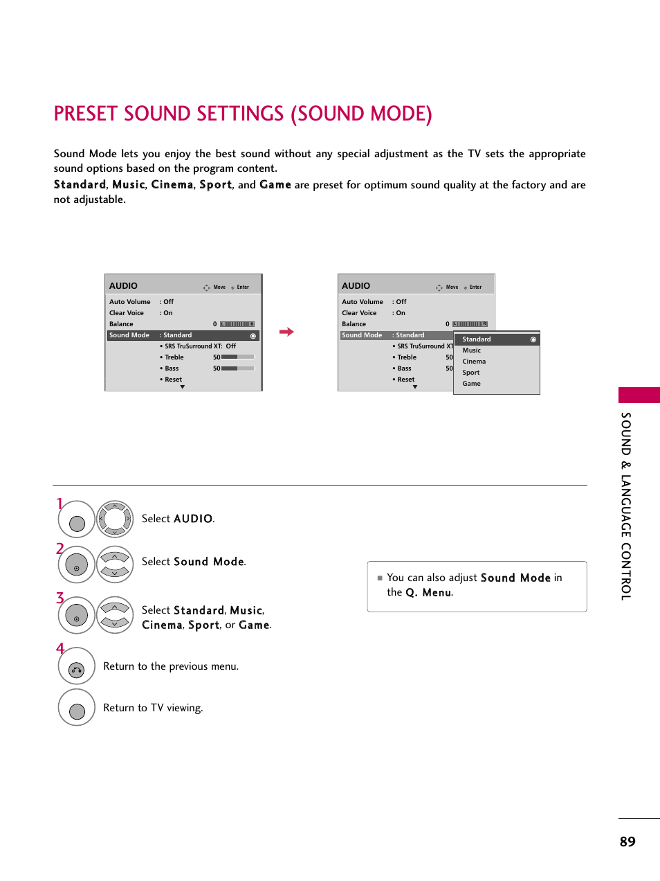 Preset sound settings (sound mode), Sound & langu a ge contr ol | LG 3230 User Manual | Page 91 / 152