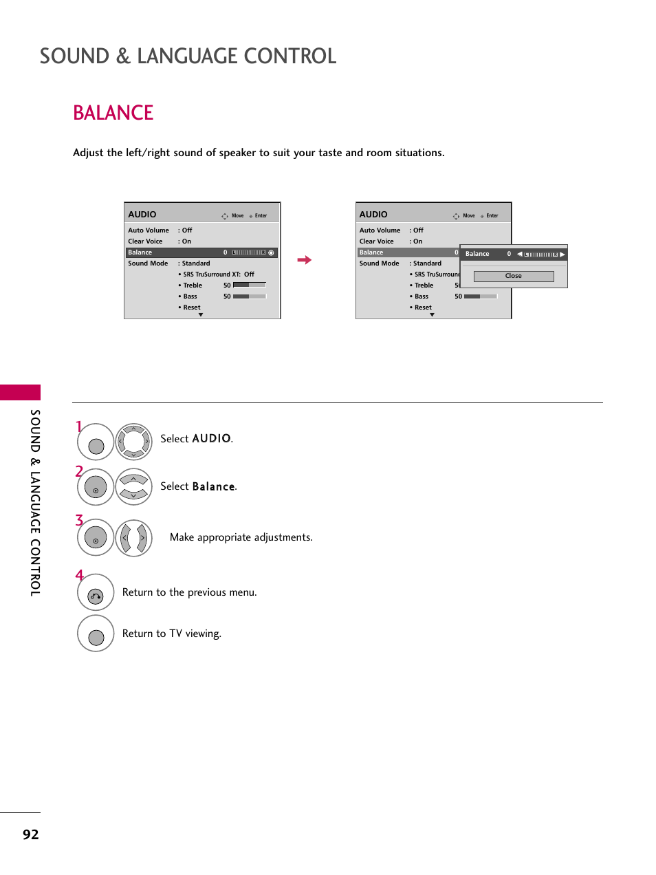 Balance, Sound & language control, Sound & langu a ge contr ol | Return to the previous menu, Return to tv viewing | LG 3230 User Manual | Page 94 / 152