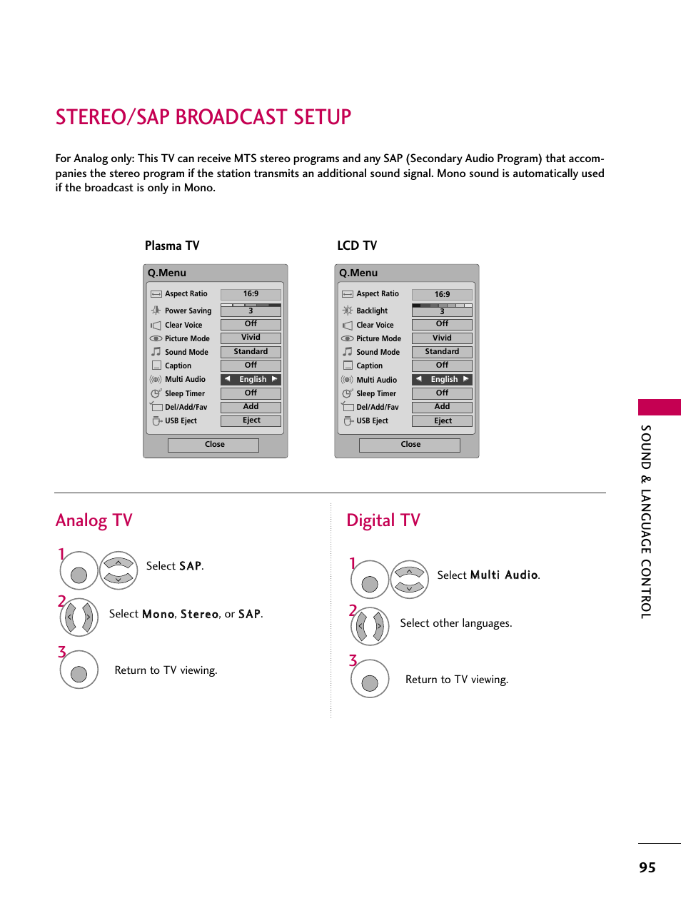 Stereo/sap broadcast setup, Analog tv digital tv, Sound & langu a ge contr ol | Lcd tv plasma tv | LG 3230 User Manual | Page 97 / 152