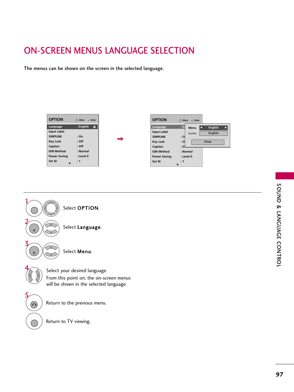 On-screen menus language selection, Sound & langu a ge contr ol, Return to the previous menu | Return to tv viewing | LG 3230 User Manual | Page 99 / 152