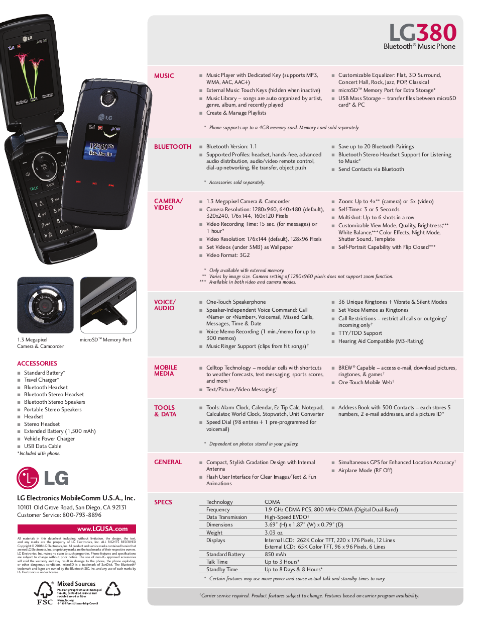 Lg 380, Bluetooth, Music phone | LG 380 User Manual | Page 2 / 2