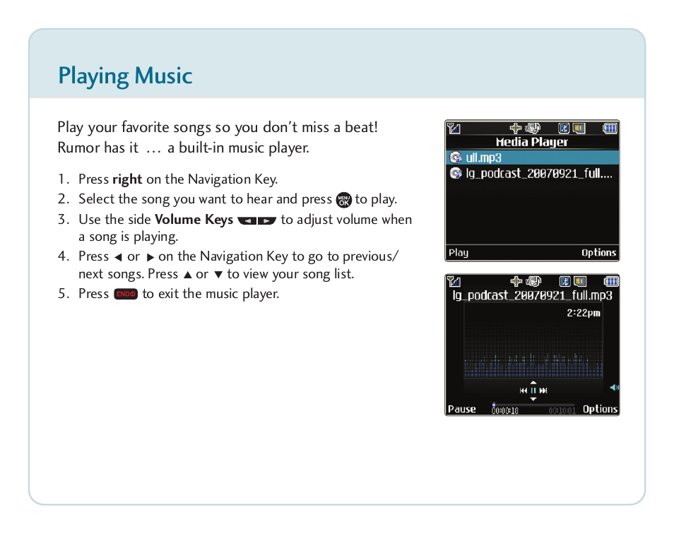 Playing music | LG Rumor touch User Manual | Page 7 / 10