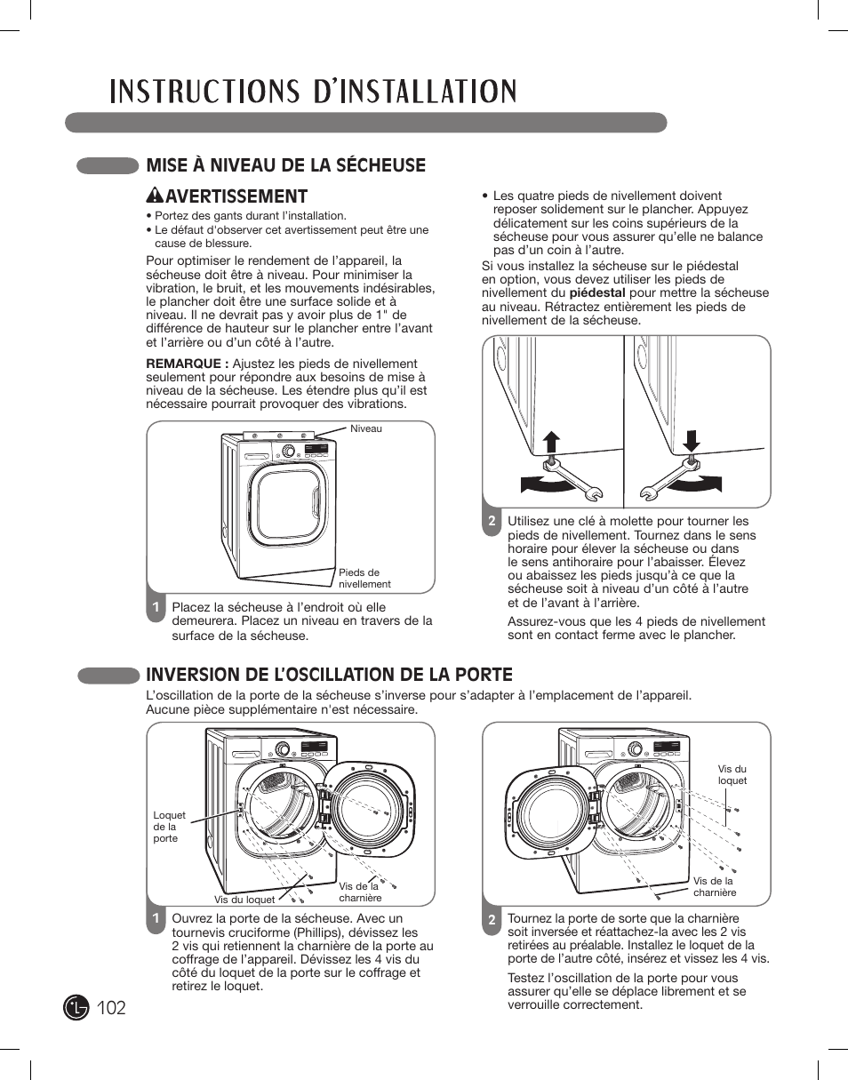 Mise à niveau de la sécheuse, Inversion de l’oscillation de la porte, Avertissement | LG PROTOCOL P154 User Manual | Page 102 / 132