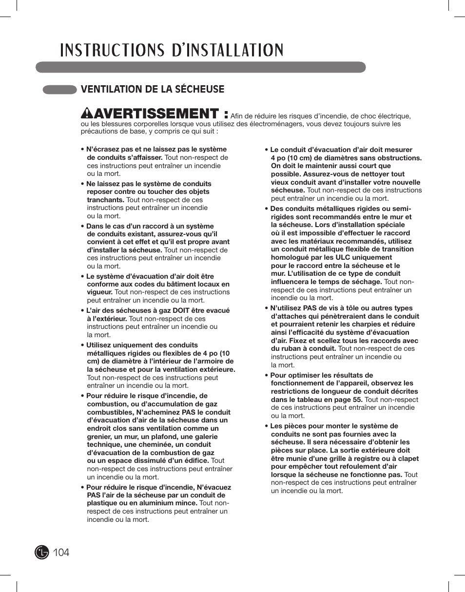 Wavertissement, Ventilation de la sécheuse | LG PROTOCOL P154 User Manual | Page 104 / 132