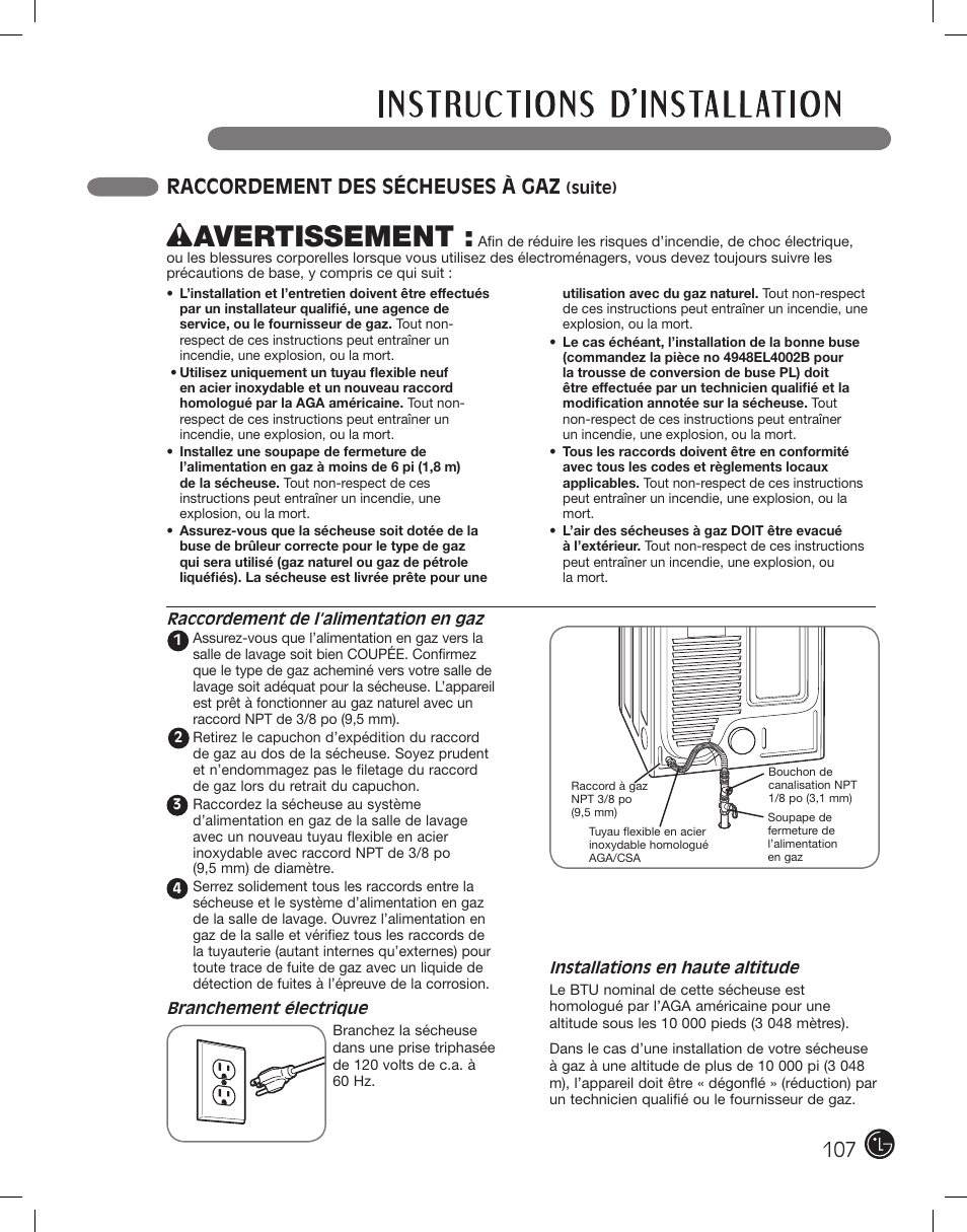 Wavertissement, 107 raccordement des sécheuses à gaz | LG PROTOCOL P154 User Manual | Page 107 / 132