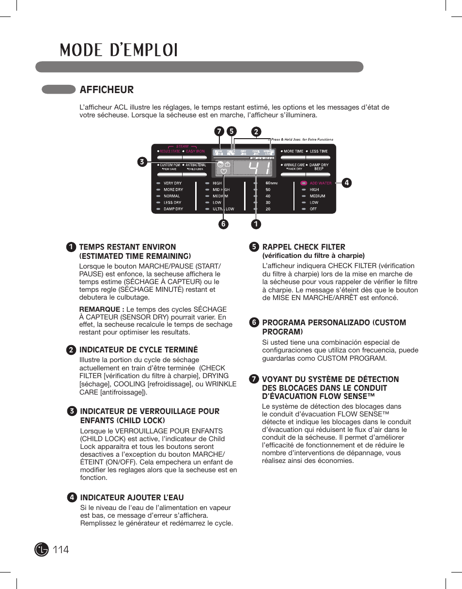 Afficheur | LG PROTOCOL P154 User Manual | Page 114 / 132