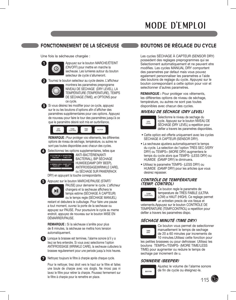 Boutons de réglage du cycle, Fonctionnement de la sécheuse | LG PROTOCOL P154 User Manual | Page 115 / 132