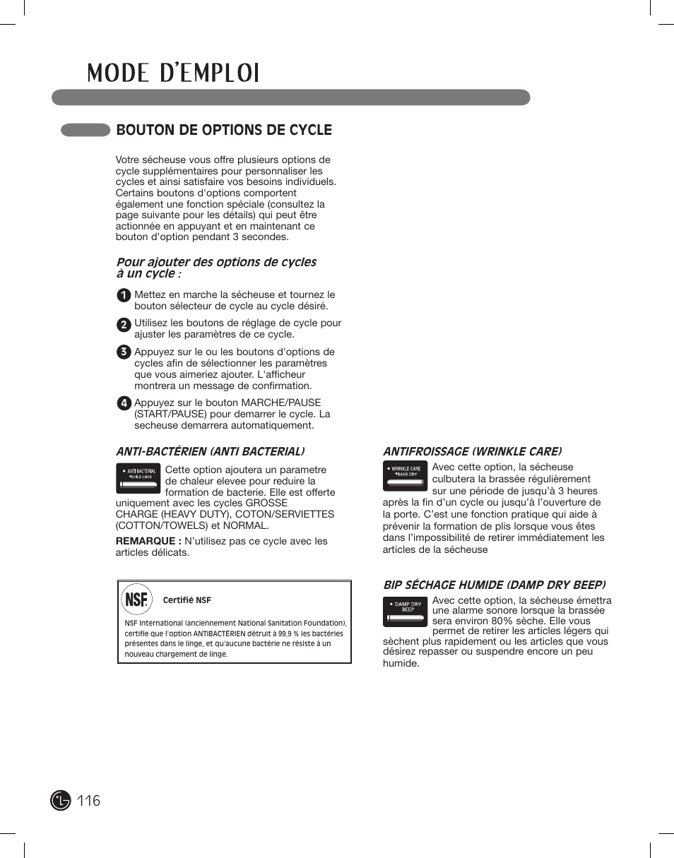 Bouton de options de cycle | LG PROTOCOL P154 User Manual | Page 116 / 132