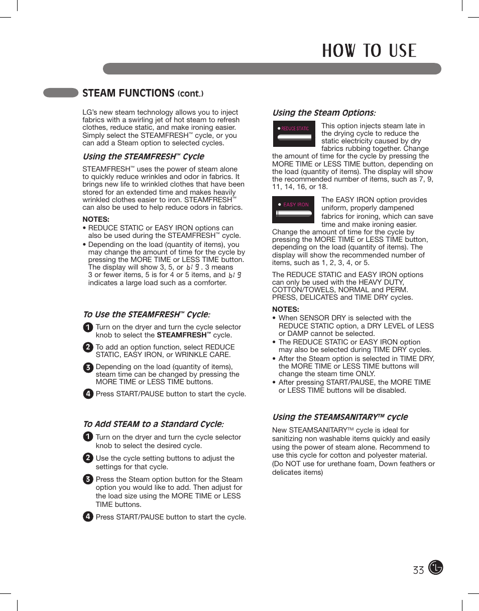 Steam functions | LG PROTOCOL P154 User Manual | Page 33 / 132