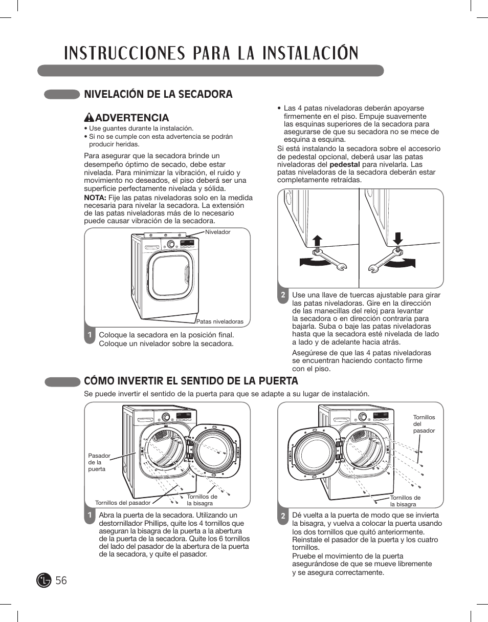 Nivelación de la secadora, Cómo invertir el sentido de la puerta, Advertencia | LG PROTOCOL P154 User Manual | Page 56 / 132