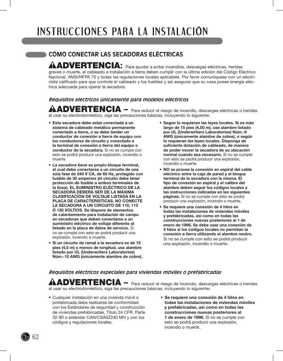 Wadvertencia, Cómo conectar las secadoras eléctricas | LG PROTOCOL P154 User Manual | Page 62 / 132