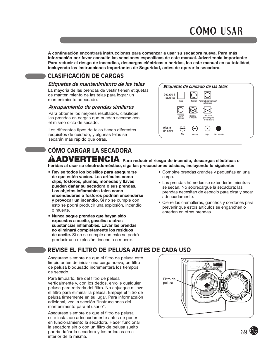 Wadvertencia, Cómo cargar la secadora, Clasificación de cargas | Revise el filtro de pelusa antes de cada uso | LG PROTOCOL P154 User Manual | Page 69 / 132