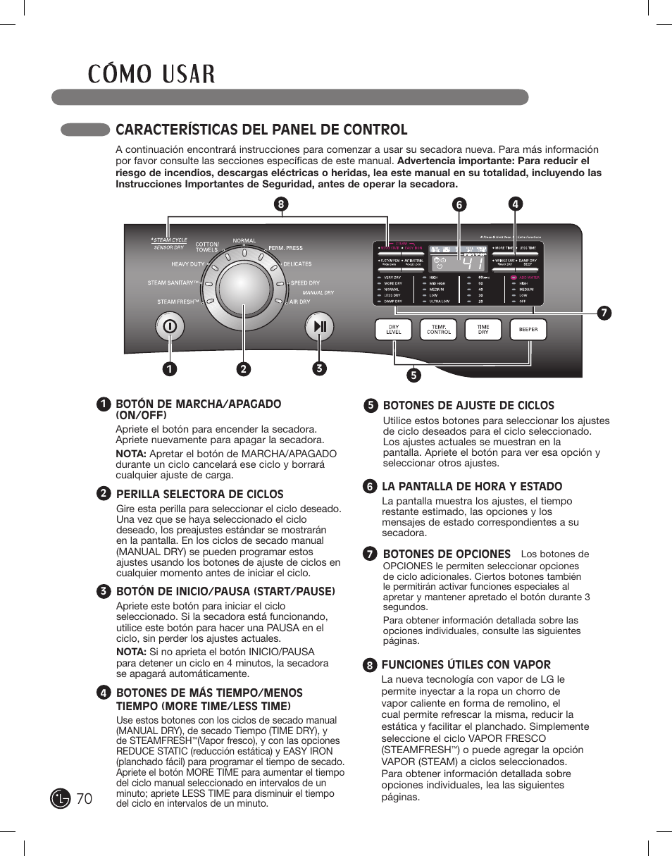 Características del panel de control | LG PROTOCOL P154 User Manual | Page 70 / 132