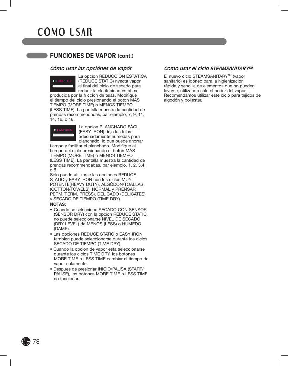 Funciones de vapor | LG PROTOCOL P154 User Manual | Page 78 / 132