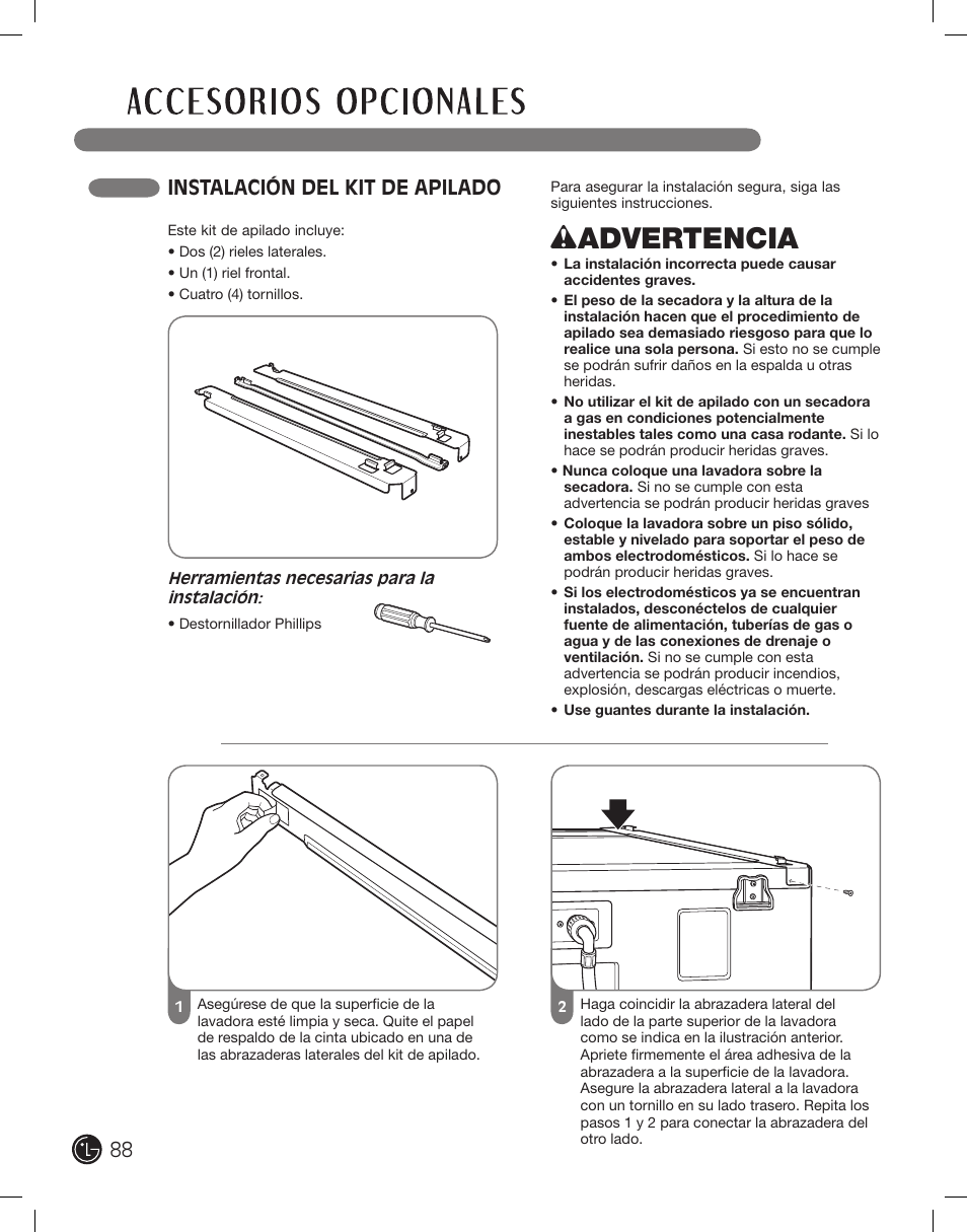 Wadvertencia, Instalación del kit de apilado | LG PROTOCOL P154 User Manual | Page 88 / 132