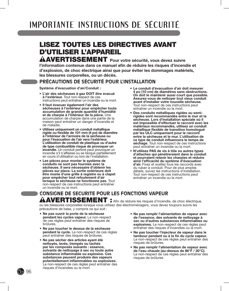 Wavertissement, 96 précautions de sécurité pour l’installation, Consigne de securite pour les fonctions vapeur | LG PROTOCOL P154 User Manual | Page 96 / 132