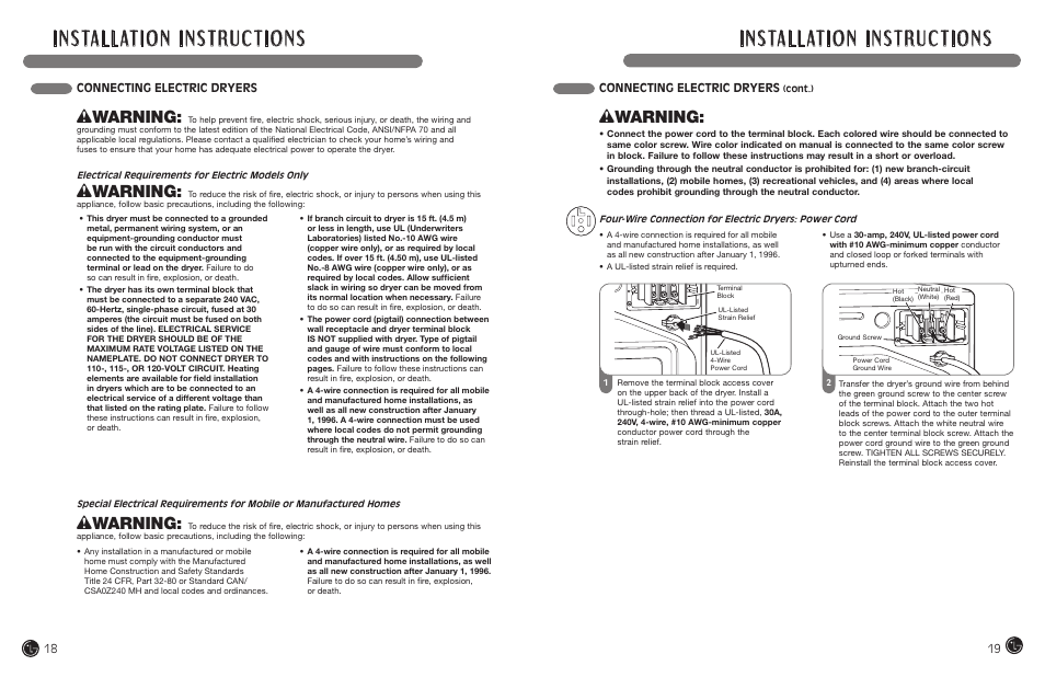 Wwarning, Connecting electric dryers | LG DLEX7177RM User Manual | Page 10 / 45