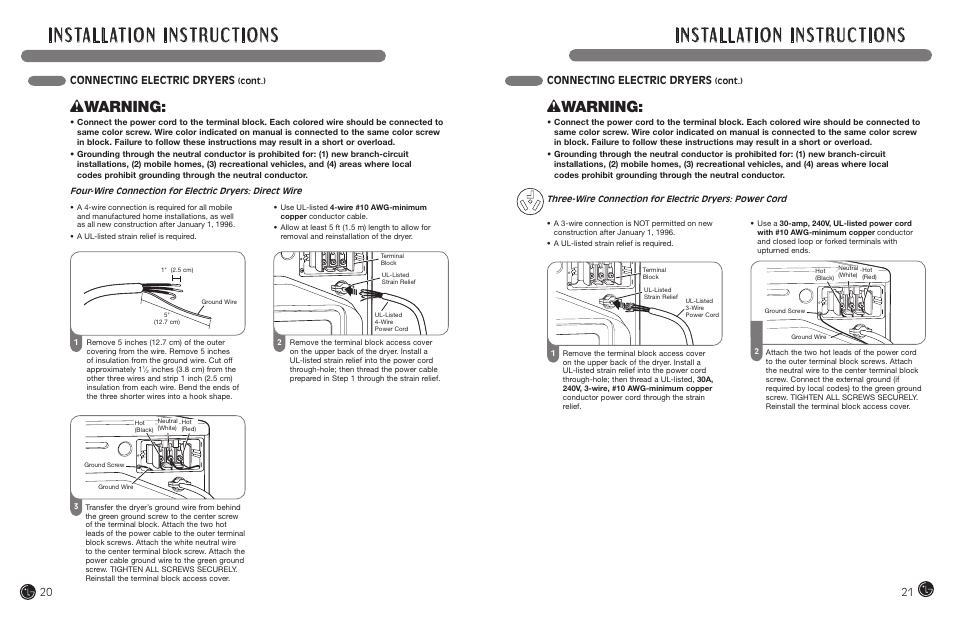 Wwarning, Connecting electric dryers | LG DLEX7177RM User Manual | Page 11 / 45