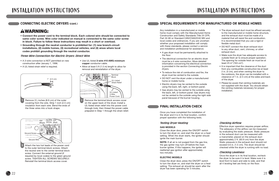 Wwarning, Final installation check, Connecting electric dryers | LG DLEX7177RM User Manual | Page 12 / 45