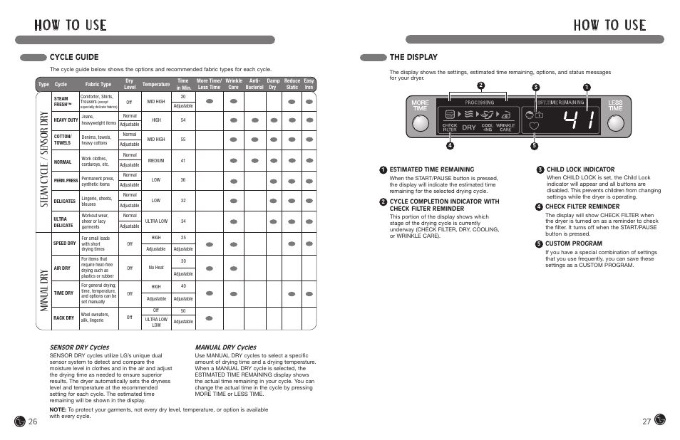 H o w to u s e, Steam cycle / sensor dry manu al dry, Cycle guide | The display | LG DLEX7177RM User Manual | Page 14 / 45