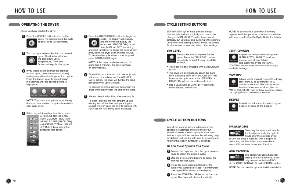 H o w to u s e, Operating the dryer, Cycle setting buttons | Cycle option buttons | LG DLEX7177RM User Manual | Page 15 / 45