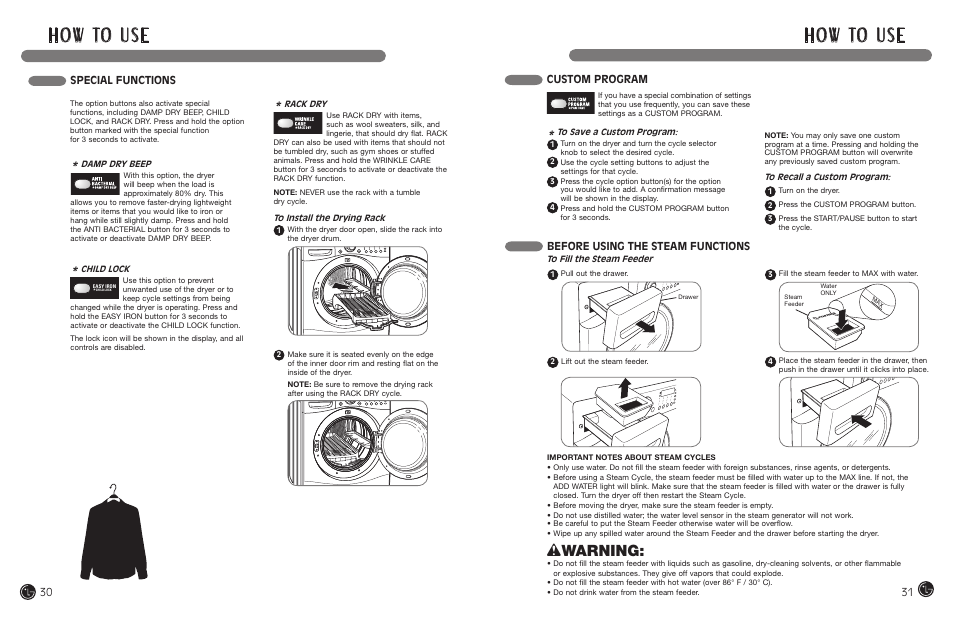 H o w to u s e, Wwarning, Special functions | Custom program, Before using the steam functions | LG DLEX7177RM User Manual | Page 16 / 45