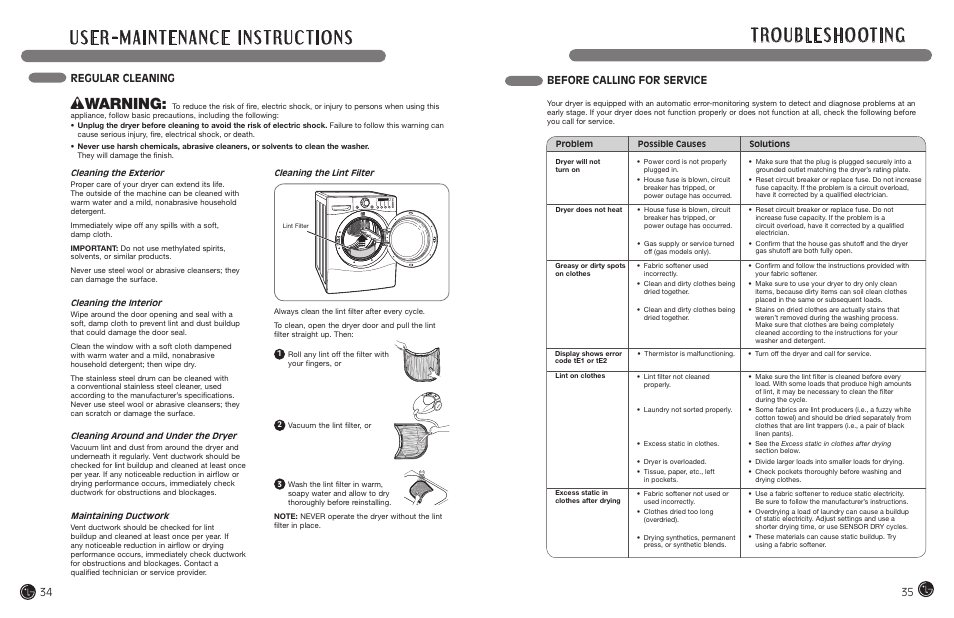 Wwarning, Before calling for service, Regular cleaning | LG DLEX7177RM User Manual | Page 18 / 45