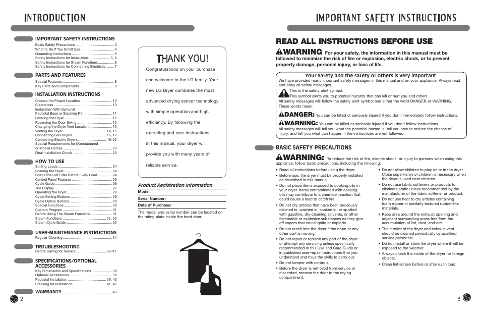 Read all instructions before use w warning, Wdanger, Wwarning | Basic safety precautions | LG DLEX7177RM User Manual | Page 2 / 45