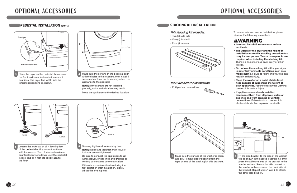 Wwarning, Stacking kit installation, Pedestal installation | LG DLEX7177RM User Manual | Page 21 / 45