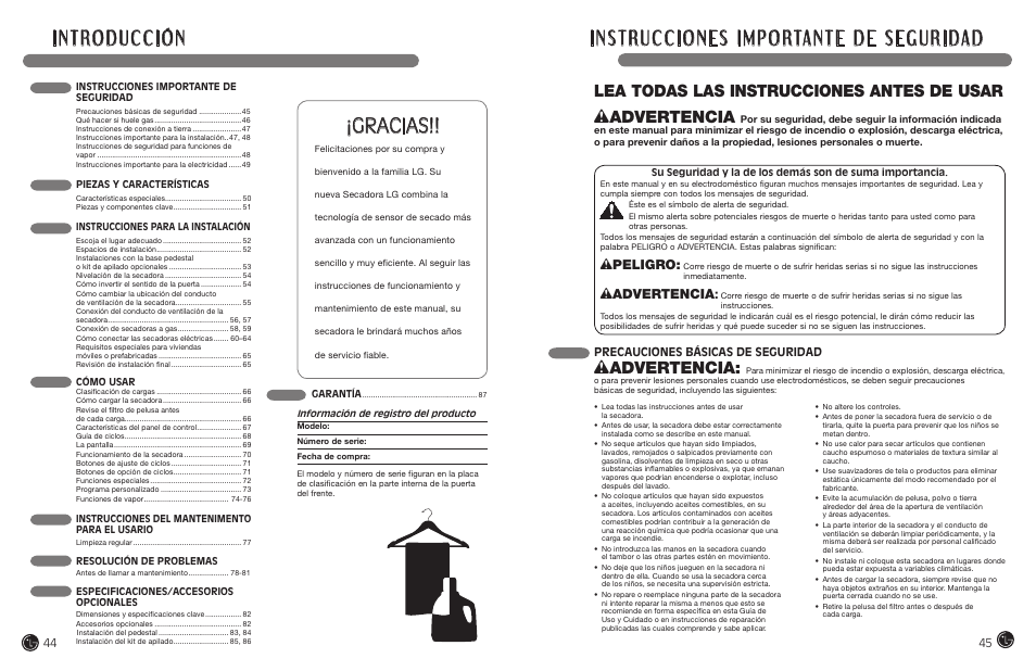 Lea todas las instrucciones antes de usar, Wpeligro, Wadvertencia | Precauciones básicas de seguridad | LG DLEX7177RM User Manual | Page 23 / 45