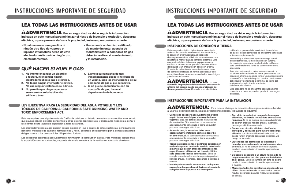 Qué hacer si huele gas, Wadvertencia, Instrucciones de conexión a tierra | Instrucciones importante para la instalación | LG DLEX7177RM User Manual | Page 24 / 45