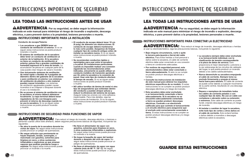 Guarde estas instrucciones, Wadvertencia | LG DLEX7177RM User Manual | Page 25 / 45