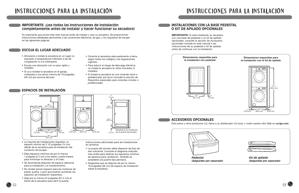 Escoja el lugar adecuado, Espacios de instalación, Accesorios opcionales | Kit de apilado, Pedestal | LG DLEX7177RM User Manual | Page 27 / 45